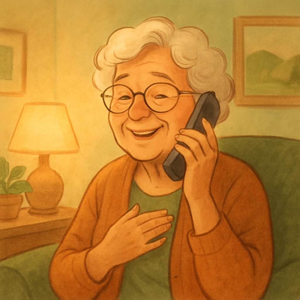 Senior woman smiling while getting tech help over the phone